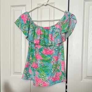 Lilly Pulitzer Pink Flamingo Ruffle Off-Shoulder Top - Aqua Base